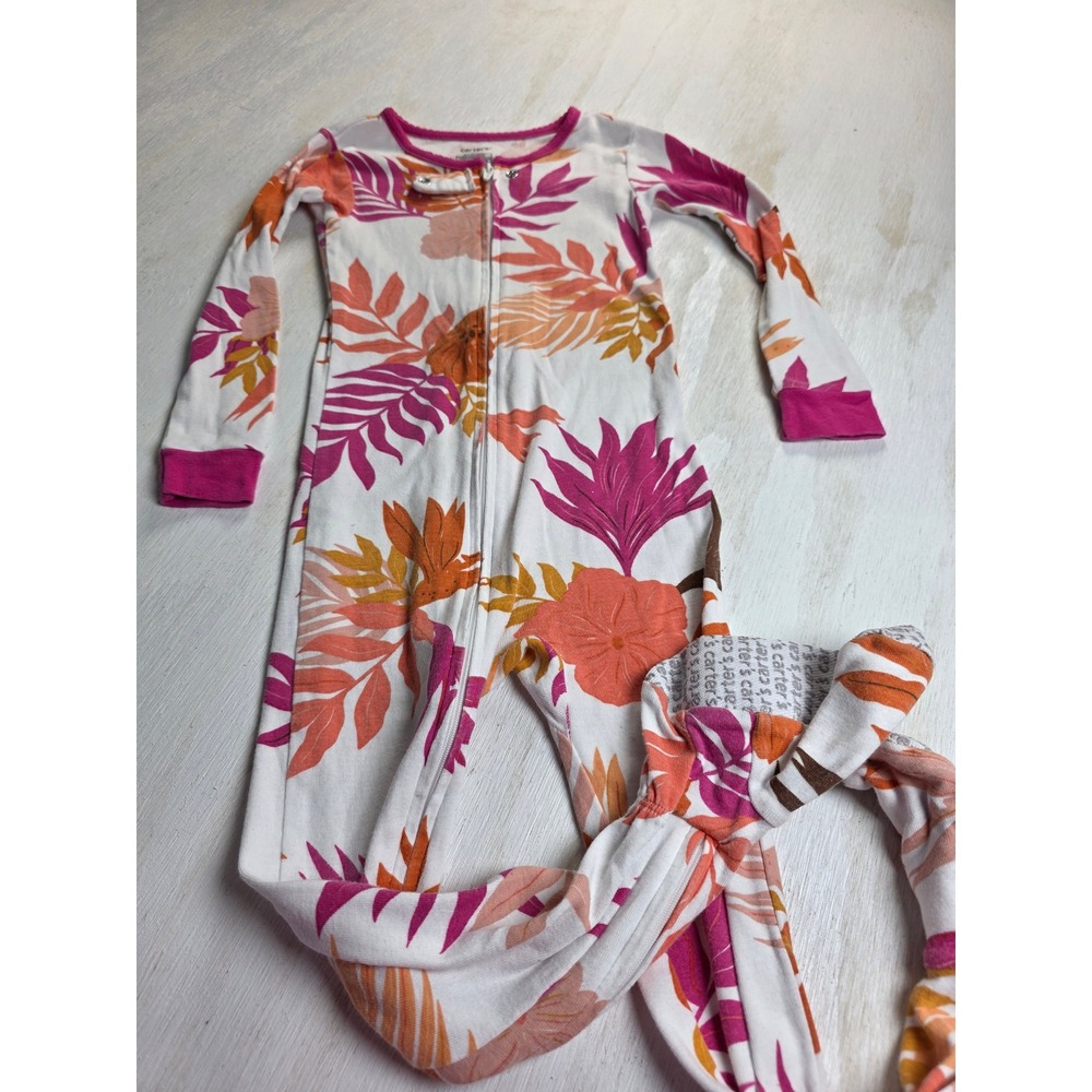 Carters Girls 4T Tropical Floral Footed Pajama Pink Orange Snug Fit Sleep Play